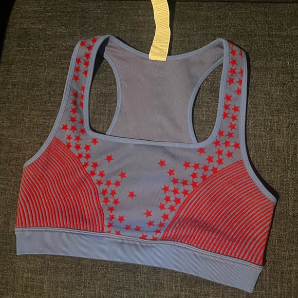 Fabletics “Crystal Blue and Lipstick Red” Star Sports Bra. Size large. NWOT. - Picture 3 of 8